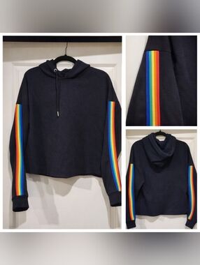 Black Cropped Hoodie Rainbow Stripe Sleeves Bold Minimal Streetwear Sweatshirt